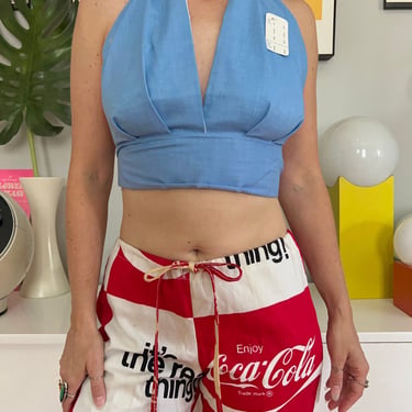 Deadstock 1970s light blue chambray halter top // XS - S // NWT vintage 70s cotton blend crop top NOS retro hippie summer top 