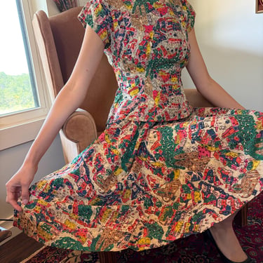 1950s Mexican Fit and Flare Dress: Teresa of Taxco Sequined Blouse & Circle Skirt Size L 