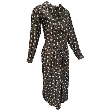 Saint Laurent 1980's Black and Gold Polka Dot Print Silk Tie Neck Dress
