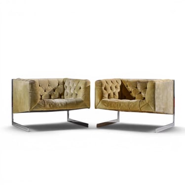 Milo Baughman for Thayer Coggin Mid Century Cantilever Steel Tufted Lounge Chairs - Pair - mcm 
