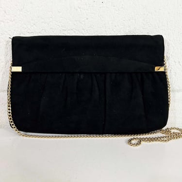 Vintage Suede Shoulder Bag Purse Handbag Black Velvet Chain Strap Envelope Clutch Evening 1970s 1980s 