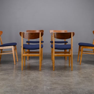 6 Restored Mid Century Danish Modern Dining Chairs Walnut Beech Navy Upholstery 