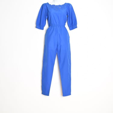vintage 80s jumpsuit blue cutwork puff embroidered romper pantsuit outfit S 
