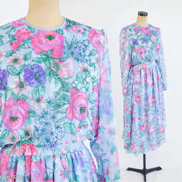 Diane Freis | 1980s Blue Floral Print Dress | 80s Blue & Pink Party Dress | Diane Freis | Large 