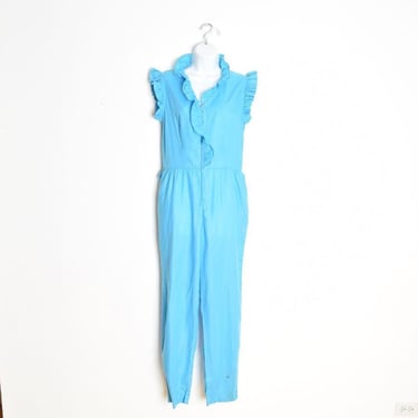 vintage 80s jumpsuit blue ruffle one piece outfit romper playsuit pant suit S M 