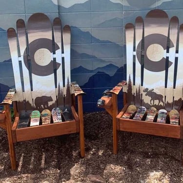 Set (2) Upcycled Ski Chairs – Colorado Flag, Moose & Bear Mural 