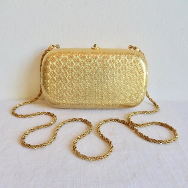 1970's Italian Gold Metal Hardcase Evening Purse Convertible Clutch Shoulder Chain Disco Cocktail Purses I. Magnin Made in Italy 