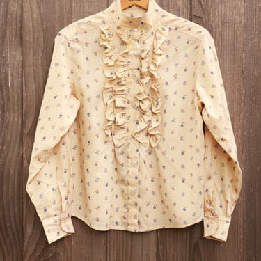 Vintage 70's Light Yellow Floral Print Ruffle Front Button Down Shirt 