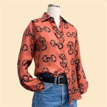 Vintage Button-down Blouse Retro 1980s Skirtin Around + Size 4 + Bamboo Horse bit Motif + Rust Colored + 100% Silk + Womens Apparel 