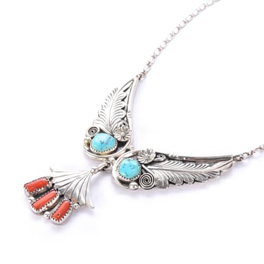 Vintage Native American Sterling Silver Necklace with Turquoise and Coral Feather Pendant,  19in 