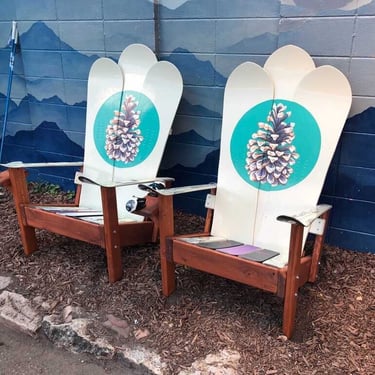 Set of Two - Colorado Pinecone Mural Adirondack Snowboard Chairs, Outdoor Furniture, Patio Set, Hand Painted Chairs, Repurposed Snowboards 