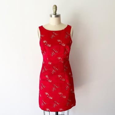 Size XS/S 90s Cynthia Rowley Red Floral Shift Dress Bamboo Cherry Blossom Satin 