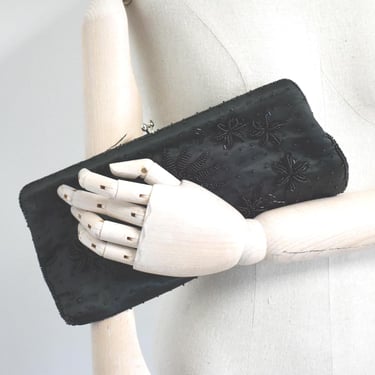 1950s/60s Black Satin Beaded Clutch Purse 