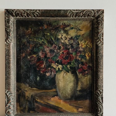 Antique Belgian Oil Painting, Moody Florals (1920) 