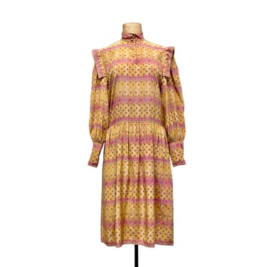 Vintage 1980s Silk New Romantic Drop Waist Dress with Bishop Sleeves, 36