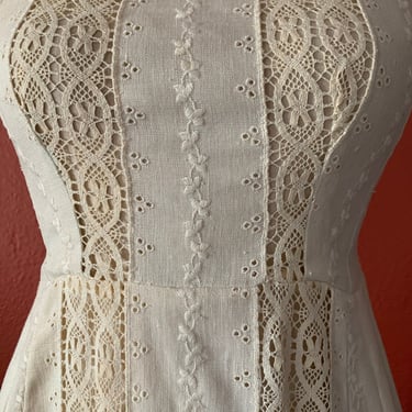 Vintage Cream Linen Dress & Jacket Set: Handmade Lace Eyelet Pencil Dress 