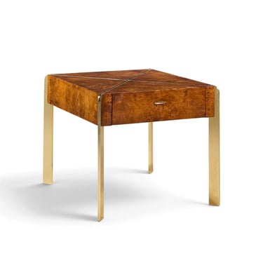 Milo Baughman Style Hekman Mid Century Burlwood and Brass Side End Table - mcm 