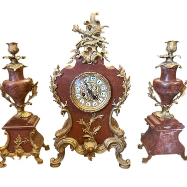Antique French Paris H. Luppens Marble Mantel Clock and Candelabra Set - 3 Piece Garniture Set