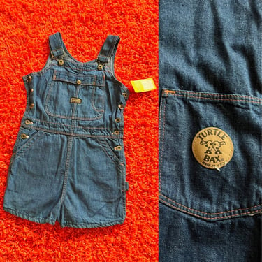 Deadstock 1970s denim overall jean shorts // XXS XS // Nwt retro 70s Sanforized cotton denim shorts romper jumpsuit Turtlebax Nos 