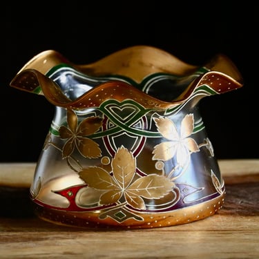 Antique Lobmeyr Czech Enameled Glass Vase, Bougie Fall Mantel Decor, Bohemian Art Nouveau Cased Gold Enamel Glass Rose Bowl, Collector Gift 