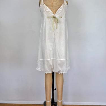 Vintage Edwardian Step In | Antique White Cotton Nightgown | 1910 Embroidered Romper 