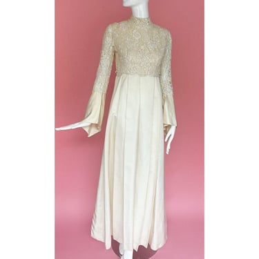 The Priscilla Gown; 1960s Bell Sleeve Lace and Satin Wedding Dress 