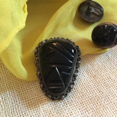 Vintage 50s Carved Onyx Earrings + Pin Brooch Matching Set Taxco Hand Crafted in Mexico Sterling Silver Carved Onyx Set