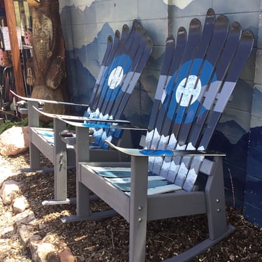 Set of 2 - Grey Colorado Mountain Mural Adirondack Ski Chairs - made w/ original skis, Firepit Chairs, deck chairs, Patio Set, Colorado 