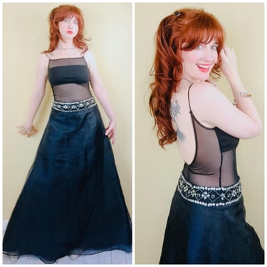 Y2K Iconic L.O.L. Brand Party Dress /  Mesh Illsuion Beaded Waist Black Fairy Maxi / Small- Medium 