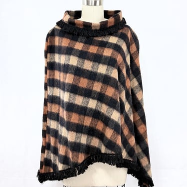 Vintage 1960s Plaid Mohair Poncho | Fold Over Neck and Eyelash Fringe | Earth Tones | One Size 