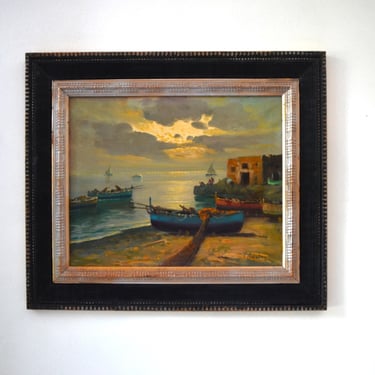 Vintage Framed Mid Century Italian Seaside Oil Painting with Sailboats, Signed 