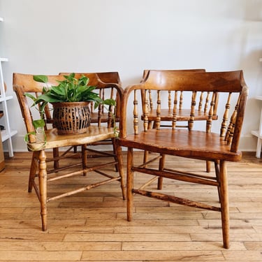Set of 4 Antique Wooden Barrel Back Captain's Pub Chairs