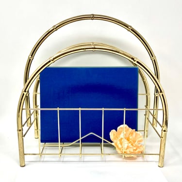 Brass Bamboo-look Magazine Rack | Mid-century Modern | Boho Metal Basket | Throw Basket 