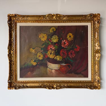 1960s Vintage Tian Impressionist Floral Still Life Oil on Canvas Painting – Ornate Gold Wood Frame 