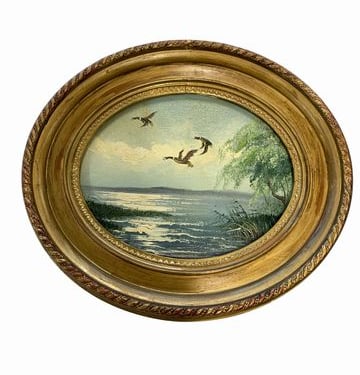 Vintage Oil Painting Coastal Wetland w/Ducks In flight 12x14"Oval