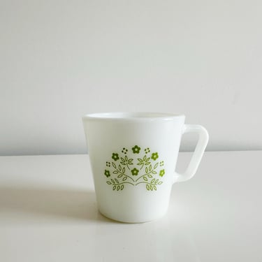 Pyrex Summer Impressions Honeydew Green Floral 6oz D-style Handle Coffee Mugs #1410 Vintage 1970s 