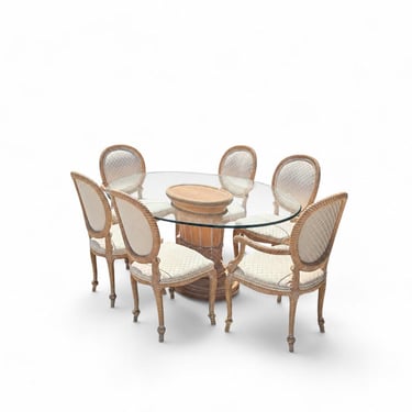 Vintage Oval Glass Dining Set, Carved Pedestal Table and Six Upholstered Chairs 