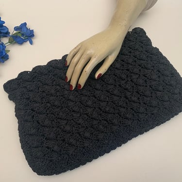 Vintage 1940s Black Cord Crocheted Oversized Clutch Handbag Zipper Top 