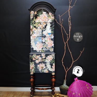 Asian Cabinet – Tall Black Arch Hutch with Cranes & Floral Motif – Hand Painted Storage Cabinet, Display Case or Curio Cabinet 