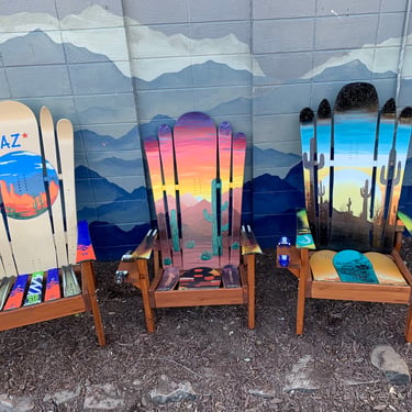 Set of 3 - Desert Mural-  Patio Ski Chairs, Snowboard Wood Chair, Deck Chair, Unique Gift, Arizona Chairs, Utah, Nevada, California, Texas 