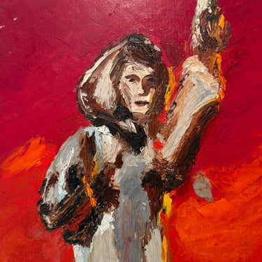 1960s Expressionist Oil Painting of Woman in Red | Mid-Century Palette Knife Portrait | Unsigned Folk Art | 16” x 12” 
