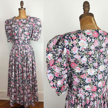 Vintage Laura Ashley 1980s Blue and Pink Floral Cotton Dress Puff Sleeves and Sash Belt 