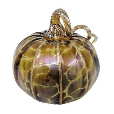 Hand Blown Art Glass Pumpkin Figurine Small Gold Crackle Iridescent Ribbed 