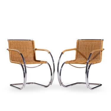 Mies van der Rohe for Knoll MR Mid Century Rattan and Chrome Chairs - Pair 