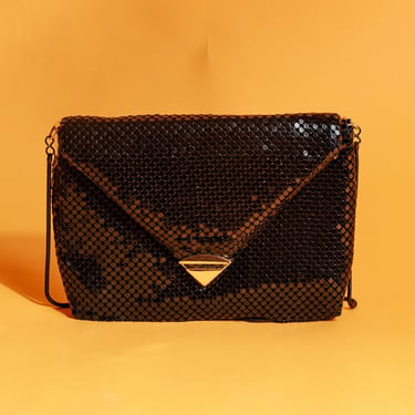 80s Black Mesh Crossbody Strappy Purse Vintage Gold Hardware Square Clutch 