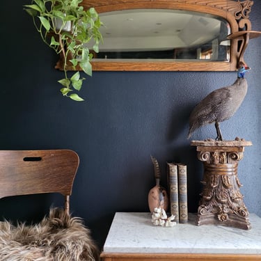 Antique Art Nouveau Quartersawn Tiger Oak Over-Mantel Mirror | Carved Griffins, Shelves & Beveled Glass 