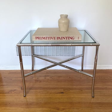 Mid Century Chrome and Glass Faux Bamboo End Table 