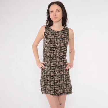 90s Mini Dress Geometric Sun Dress Grunge Dress Tan Brown 1990s Bohemian Hippie Vintage Shift Sheath Sleeveless Small xs 