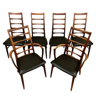 Set of 6 (2 + 4) Koefoeds Hornslet Ladder Back Dining Chairs in a Lighter/Aged Danish Rosewood