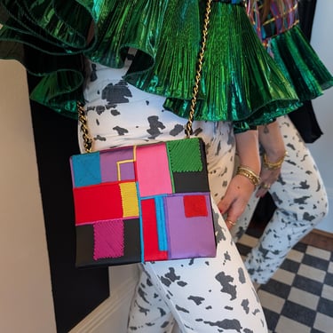 90s Colorblock Satin Crossbody Bag // Rainbow Chain Strap Evening Party Purse Vintage 90s Statement Bag 